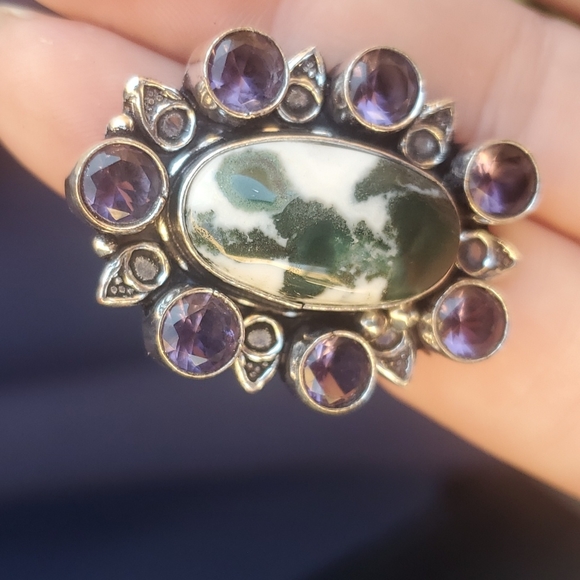 New Tree Agate and Amethyst 925 Silver Statement Ring. - Picture 13 of 16